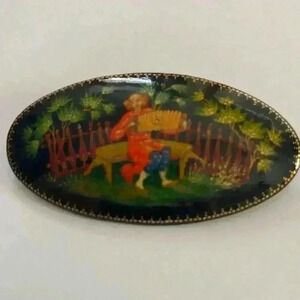 Vintage Russian Palekh Lacquer Brooch Pin Hand Painted Folk Art